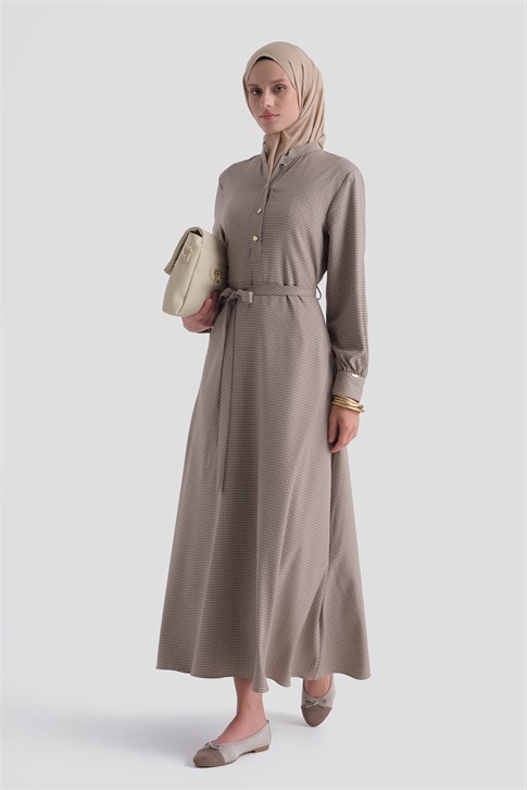 Ekose Desenli Elbise Camel