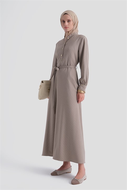Ekose Desenli Elbise Camel