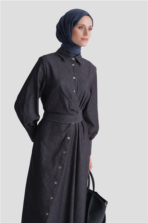 Bağlamalı Denim Elbise Lacivert 