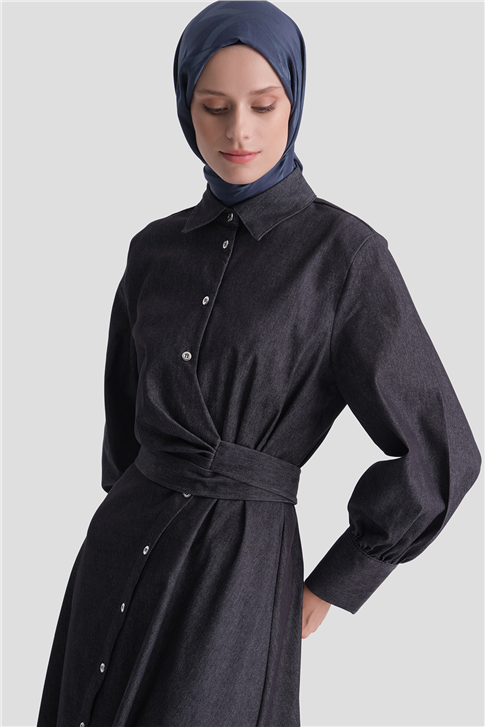 Bağlamalı Denim Elbise Lacivert 