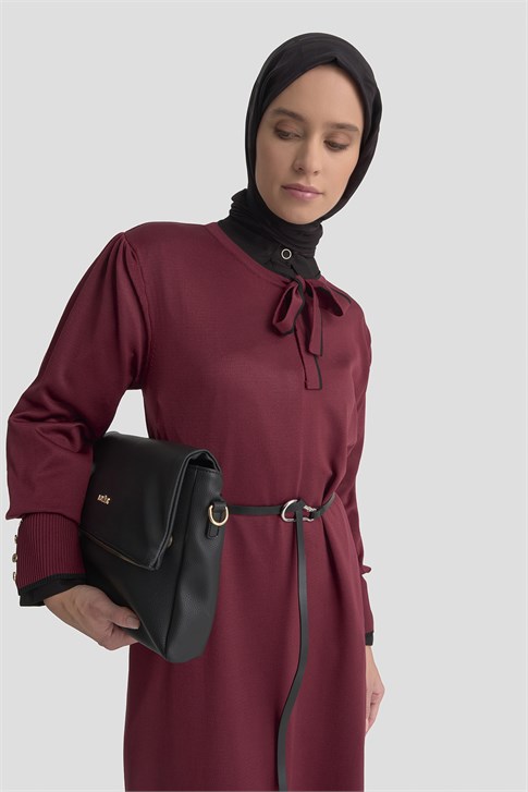 Fularlı Triko Elbise Bordo 