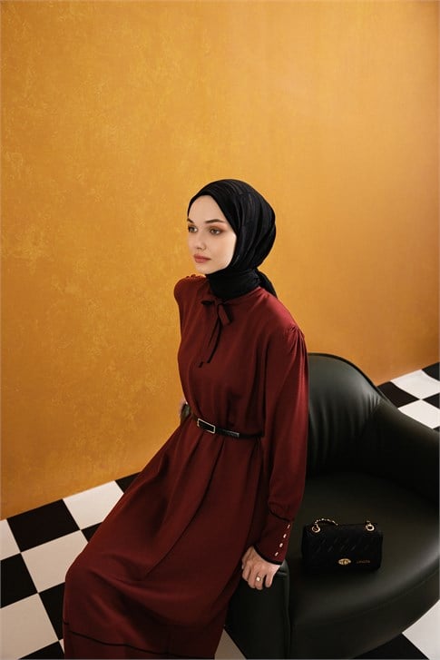 Fularlı Triko Elbise Bordo 