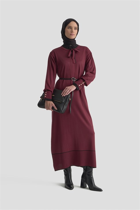 Fularlı Triko Elbise Bordo 
