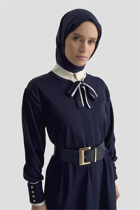Fularlı Triko Elbise Lacivert 