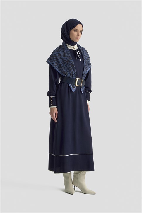 Fularlı Triko Elbise Lacivert 
