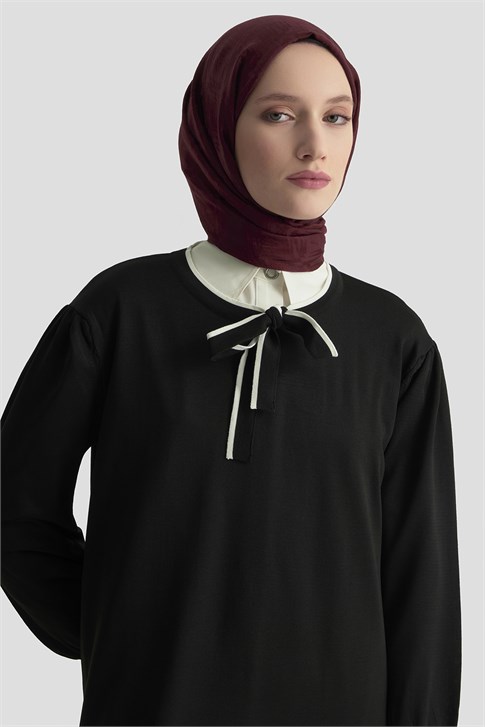 Fularlı Triko Elbise Siyah 