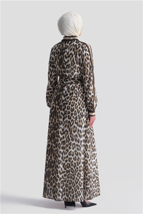 Leopar Desenli Elbise Kahverengi