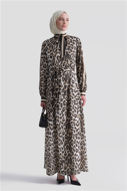 Leopar Desenli Elbise Kahverengi