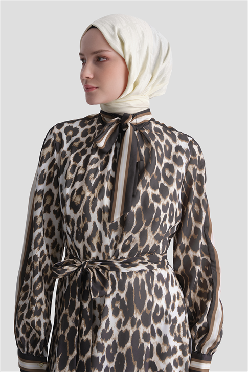 Leopar Desenli Elbise Kahverengi