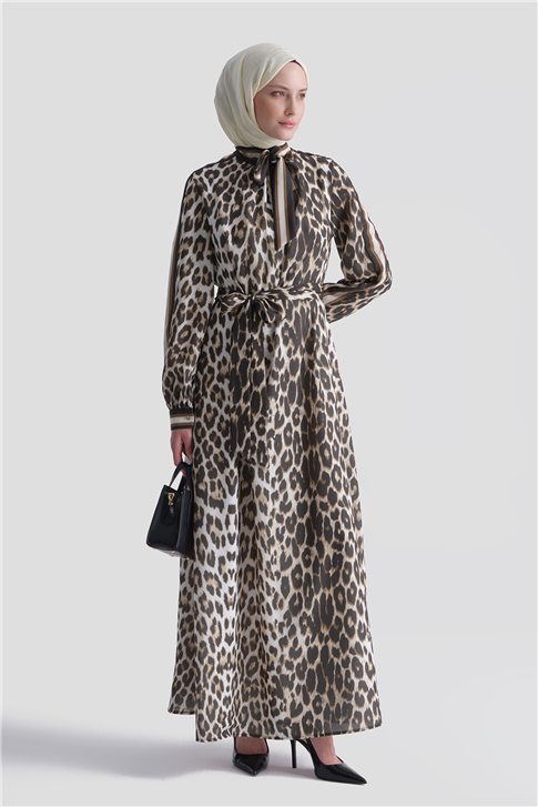 Leopar Desenli Elbise Kahverengi