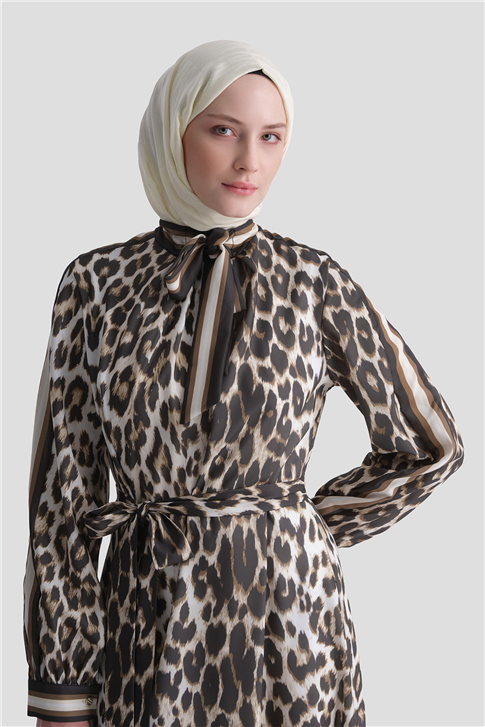 Leopar Desenli Elbise Kahverengi