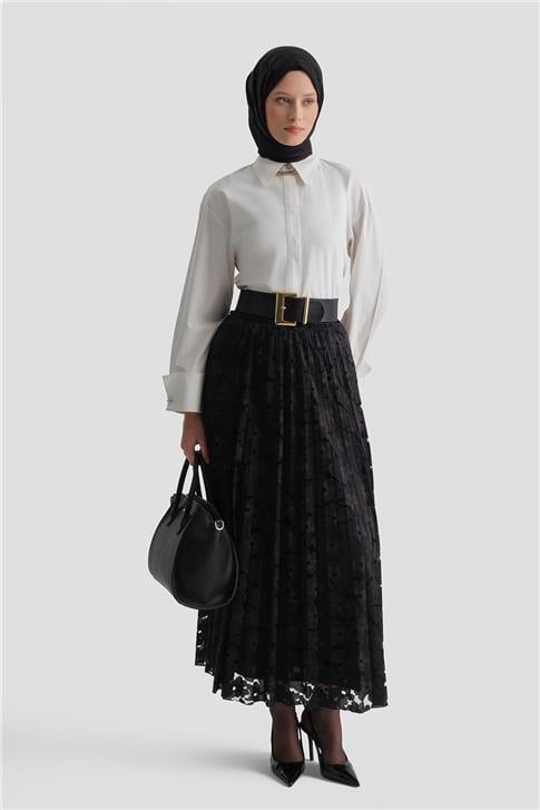 Dantelli Piliseli Etek Siyah