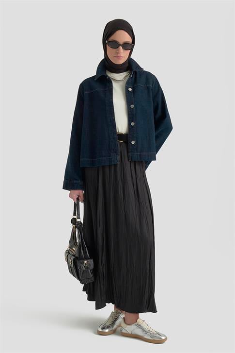 Armine Kırışık Efektli Saten Etek Siyah