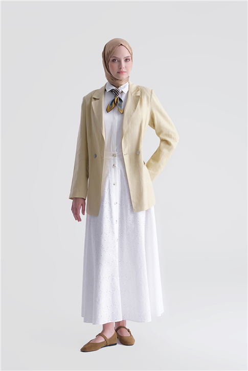 Düğmeli Brode Etek Ekru