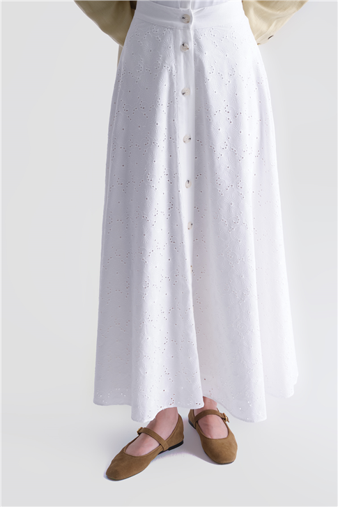 Düğmeli Brode Etek Ekru