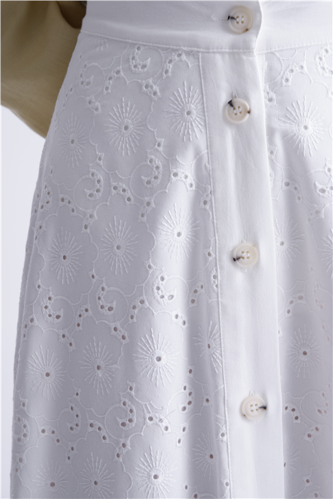 Düğmeli Brode Etek Ekru