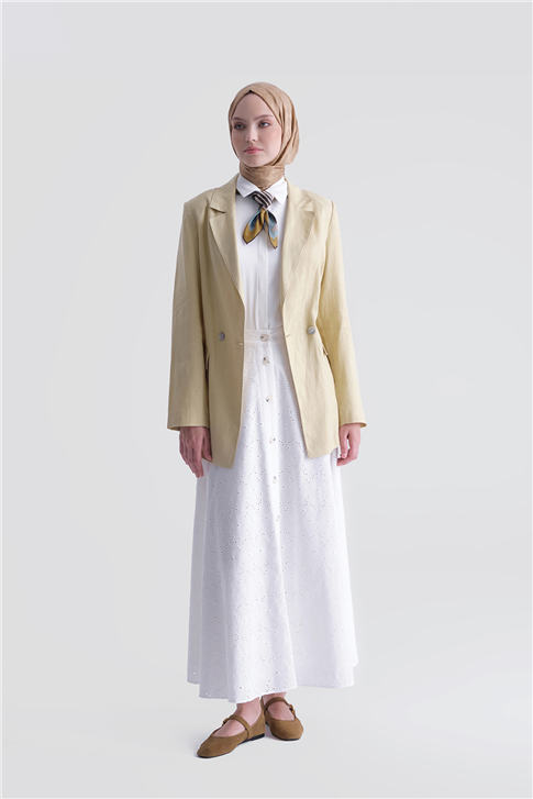 Düğmeli Brode Etek Ekru