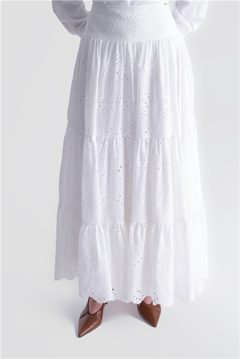 Dantelli Katlı Etek Ekru