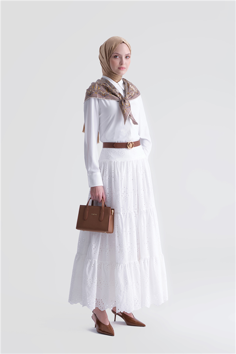 Dantelli Katlı Etek Ekru