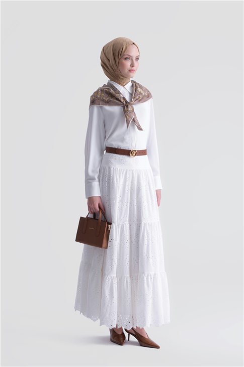 Dantelli Katlı Etek Ekru
