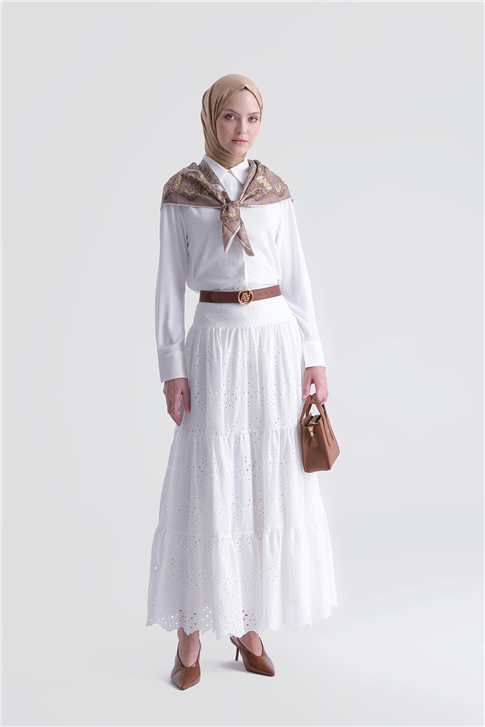 Dantelli Katlı Etek Ekru
