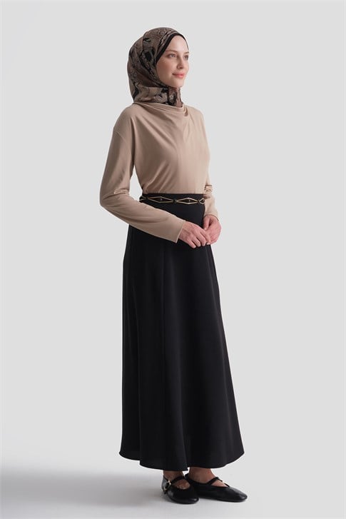 Yandan Kulplu Krep Etek Siyah 
