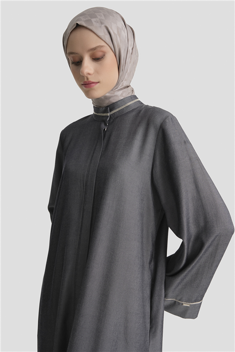 Parlak Yüzeyli Taşlı Ferace Gri Melanj