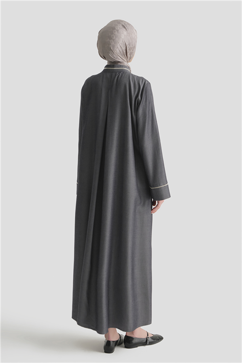 Parlak Yüzeyli Taşlı Ferace Gri Melanj