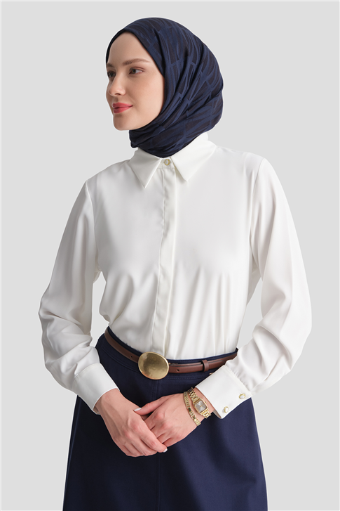 Gold Düğmeli Basic Gömlek Ekru