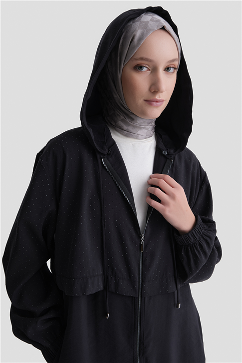 Kapüşonlu Modal Karışımlı Taş Detaylı Kap Siyah