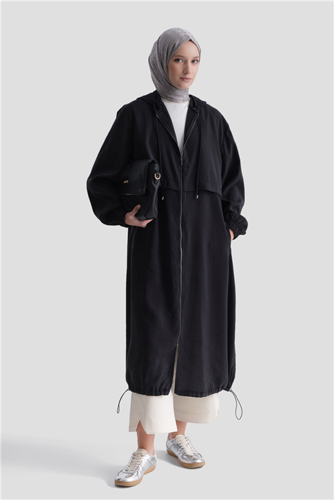 Kapüşonlu Modal Karışımlı Taş Detaylı Kap Siyah