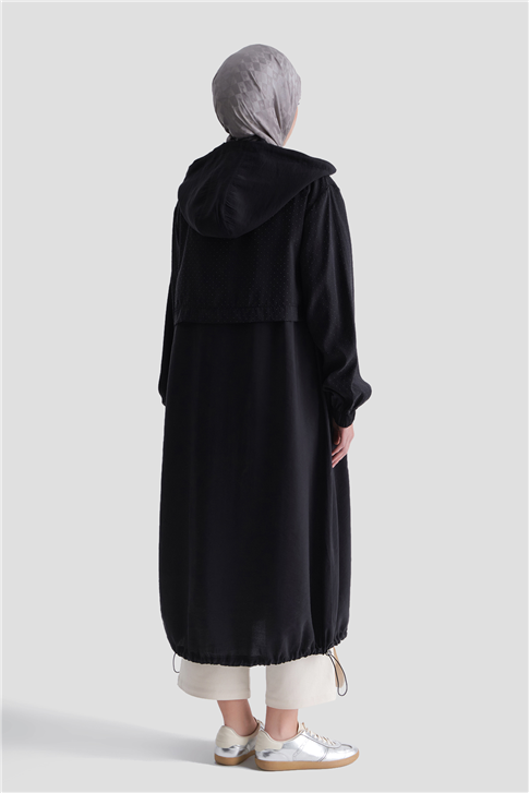 Kapüşonlu Modal Karışımlı Taş Detaylı Kap Siyah