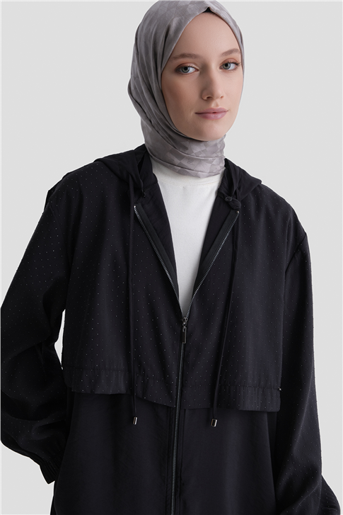 Kapüşonlu Modal Karışımlı Taş Detaylı Kap Siyah