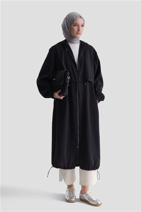 Kapüşonlu Modal Karışımlı Taş Detaylı Kap Siyah