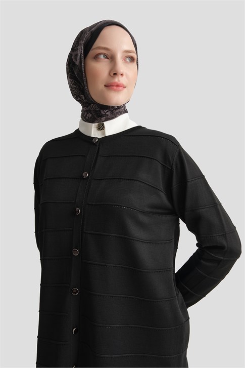 Şeritli Basic Triko Hırka Siyah 