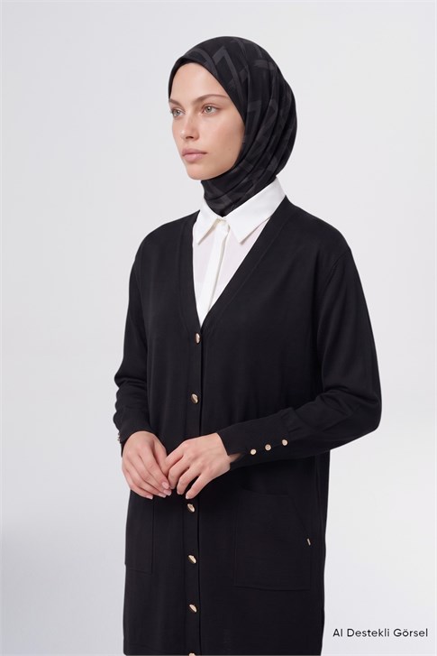 Düğme Detaylı Basic Hırka Siyah 
