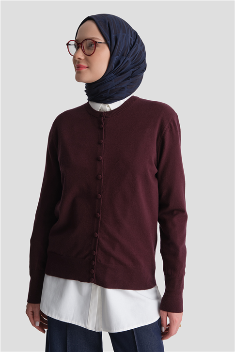 Düğme Detaylı Basic Hırka Bordo