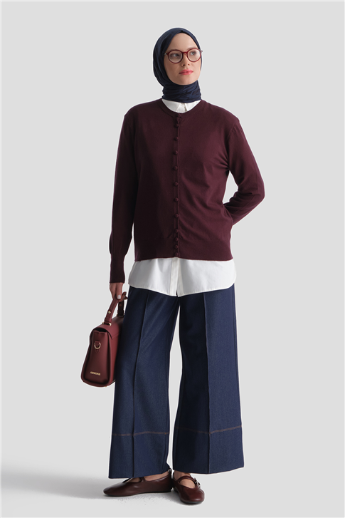Düğme Detaylı Basic Hırka Bordo