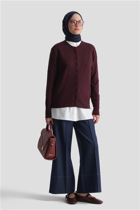 Düğme Detaylı Basic Hırka Bordo