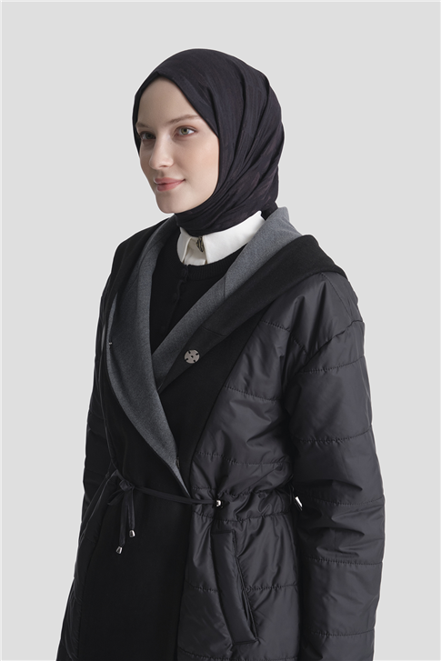 Kaşe Mixli Kapüşonlu Kapitone Kaban Siyah 