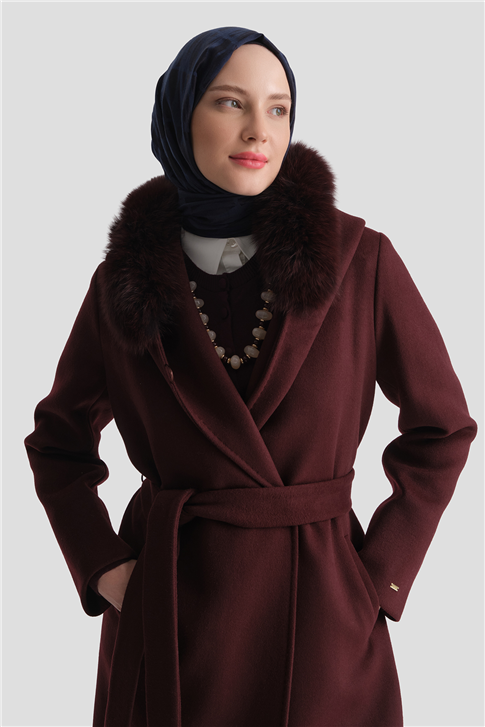 Tilki Kürklü Yün Kaşe Kaban Bordo 