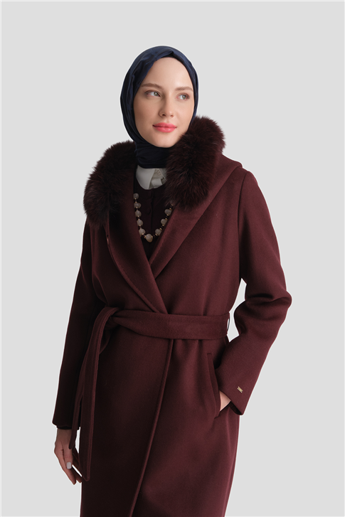 Tilki Kürklü Yün Kaşe Kaban Bordo 