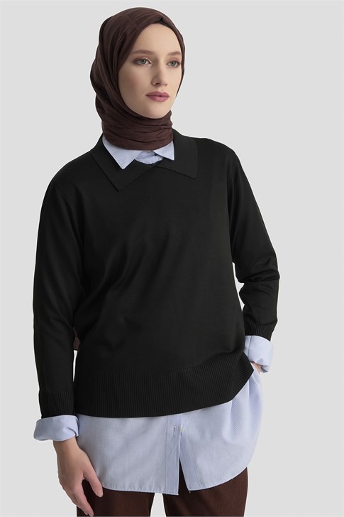 Polo Yaka Triko Kazak Siyah 