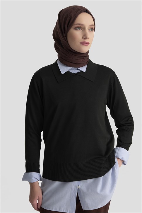 Polo Yaka Triko Kazak Siyah 