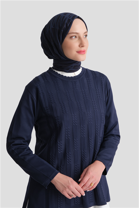 Örgü Desenli Kazak Lacivert