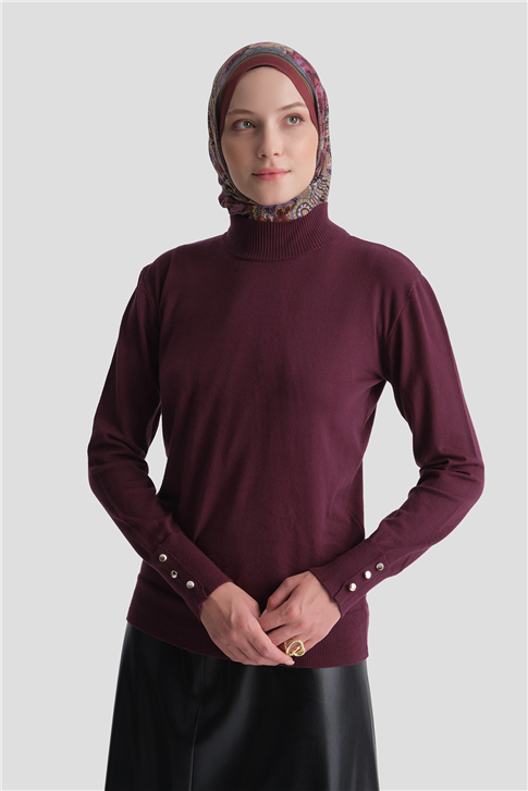 Düğme Detaylı Basic Kazak Bordo 