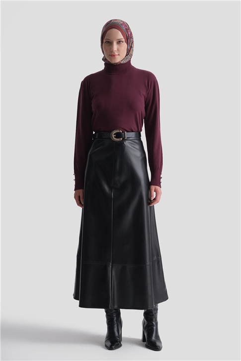 Düğme Detaylı Basic Kazak Bordo 