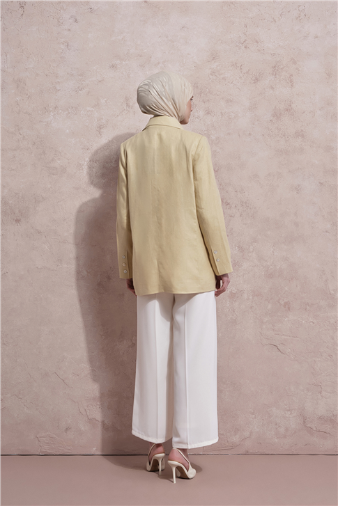 Lastikli Pileli Pantolon Ekru