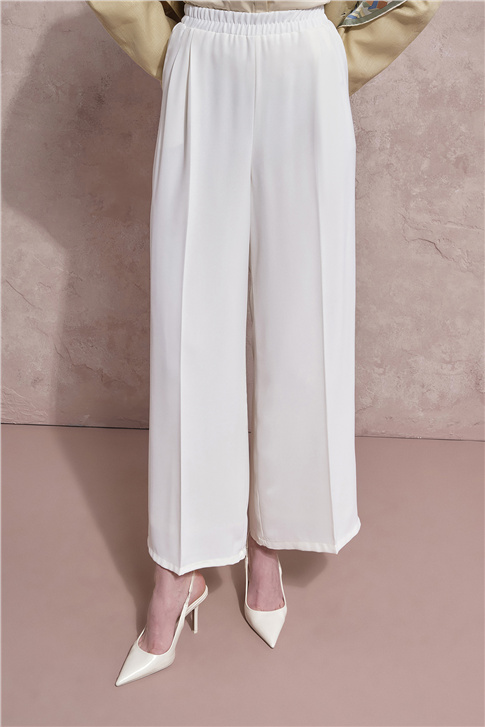 Lastikli Pileli Pantolon Ekru