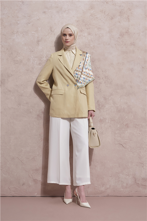 Lastikli Pileli Pantolon Ekru